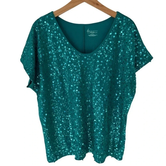 Lane Bryant 14/16 green sequined‎ front short sleeve top - Picture 3 of 5